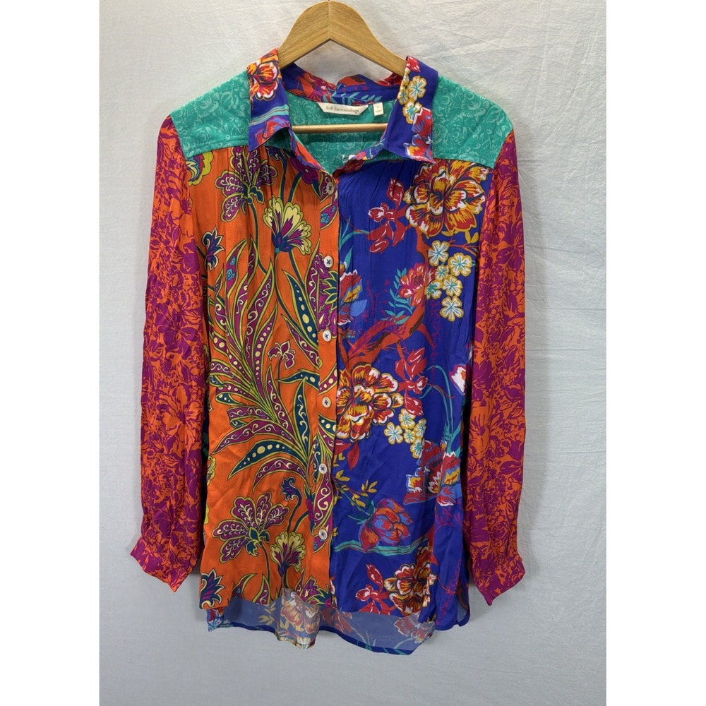 NEW Soft Surroundings Cobalt Multi Hermosa Tunic Button Up Collared Shirt Sz L